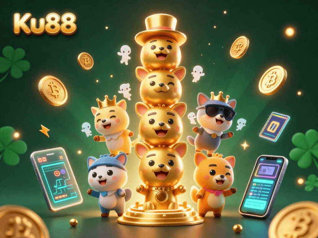 Experience the excitement of Ku88 with vibrant 3D casino elements including cryptocurrency coins.