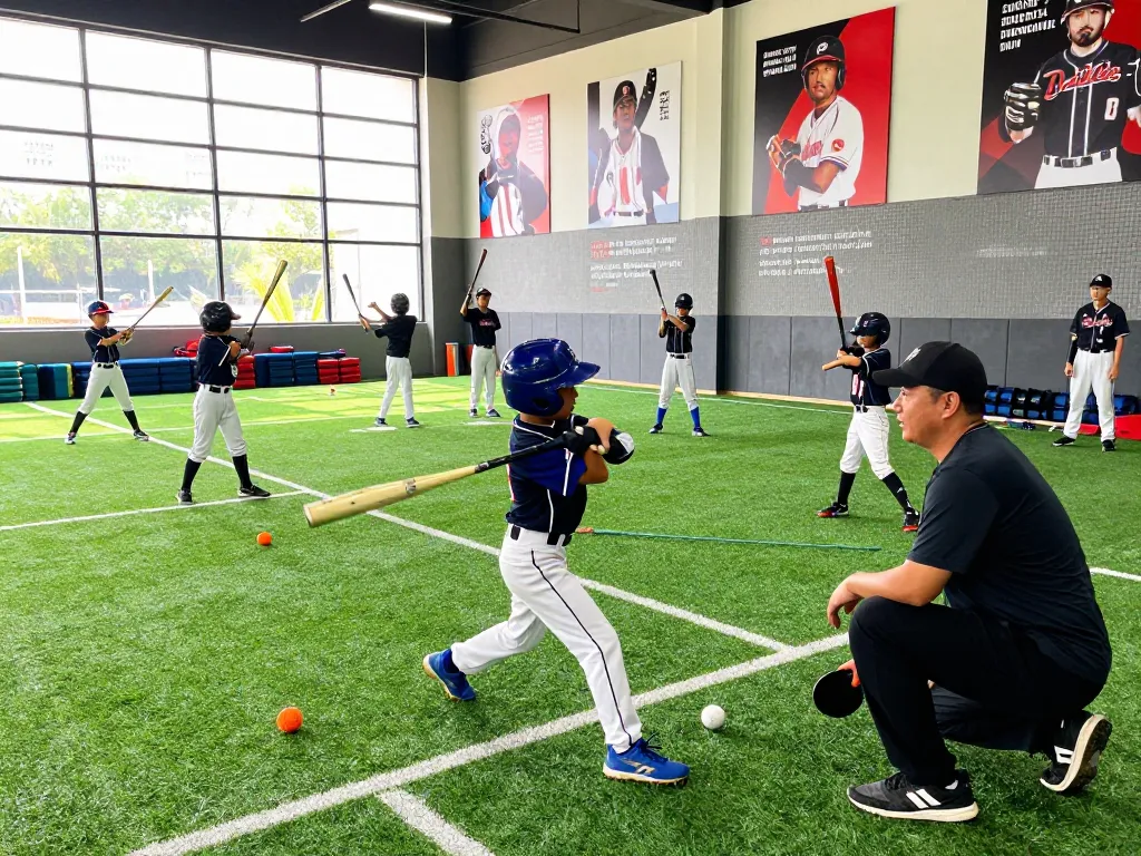 Hitclub youth baseball training with coaches and athletes practicing in vibrant indoor facility.
