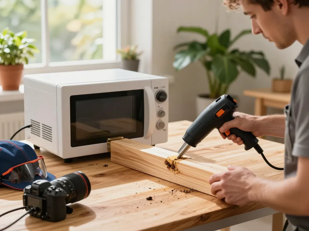 Esperto che utilizza un sistema di microonde antitarlo per il trattamento del legno in un laboratorio.