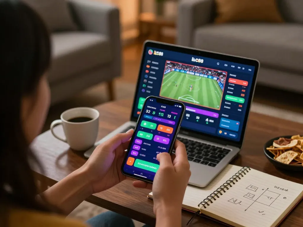 Engaging online sports betting experience using lc88 app on smartphone in cozy setting.