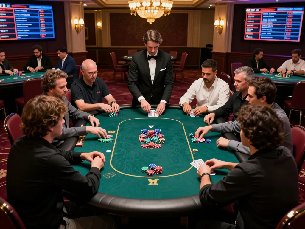 Players engaging in a thrilling DA88 poker game at an upscale casino table under warm lighting.