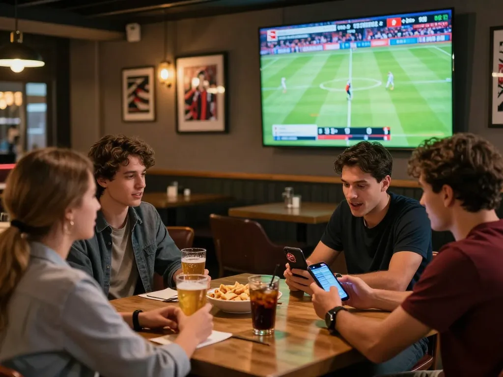 Friends at a stylish sports bar placing go8 bets while watching a live Bundesliga match.