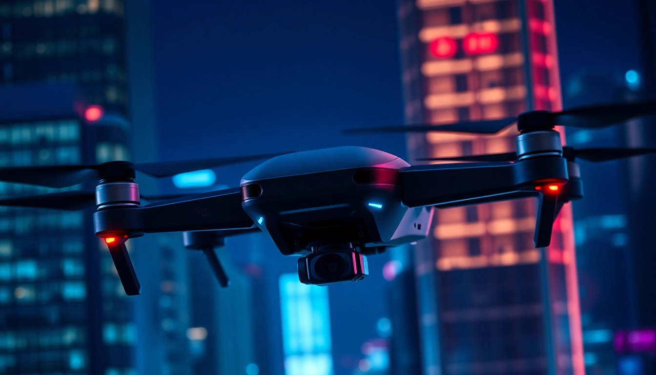 Controllare la sicurezza urbana con il terminatore dronavia in volo sopra la città.