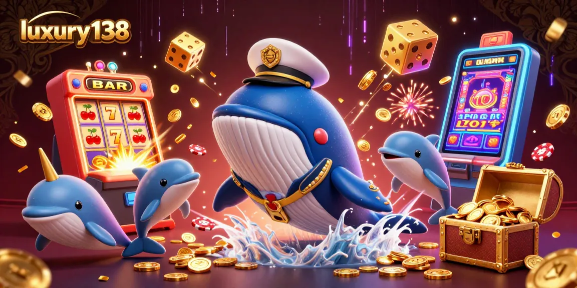 Enhance your casino experience with luxury138, featuring vibrant 3D whale, narwhal, and playful dolphins in action with jackpot elements.