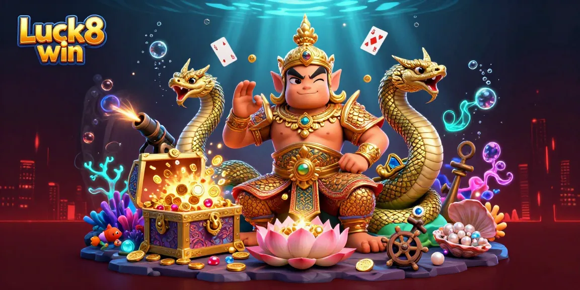 Engage in Luck8 win excitement with vibrant underwater treasures, floating cards, and golden guardians.
