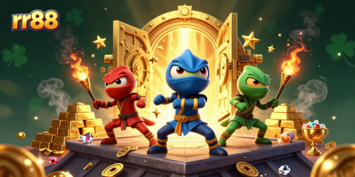 rr88 chameleon ninjas showcasing synchronized martial arts amidst treasures in dynamic 3D illustration