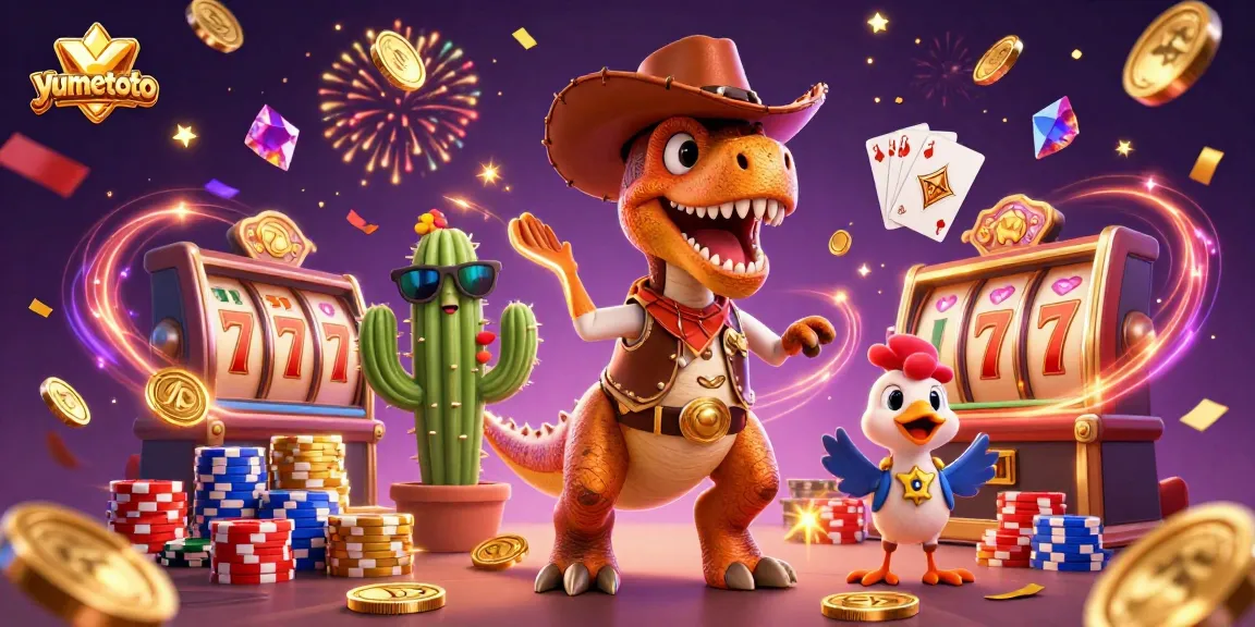Experience thrilling wins with yumetoto at the vibrant casino scene featuring cartoon characters and gambling elements.