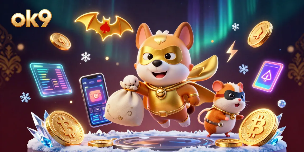Spin the reels with ok9's captivating superhero dog and hamster duo, showcasing thrilling casino elements and crypto symbols.