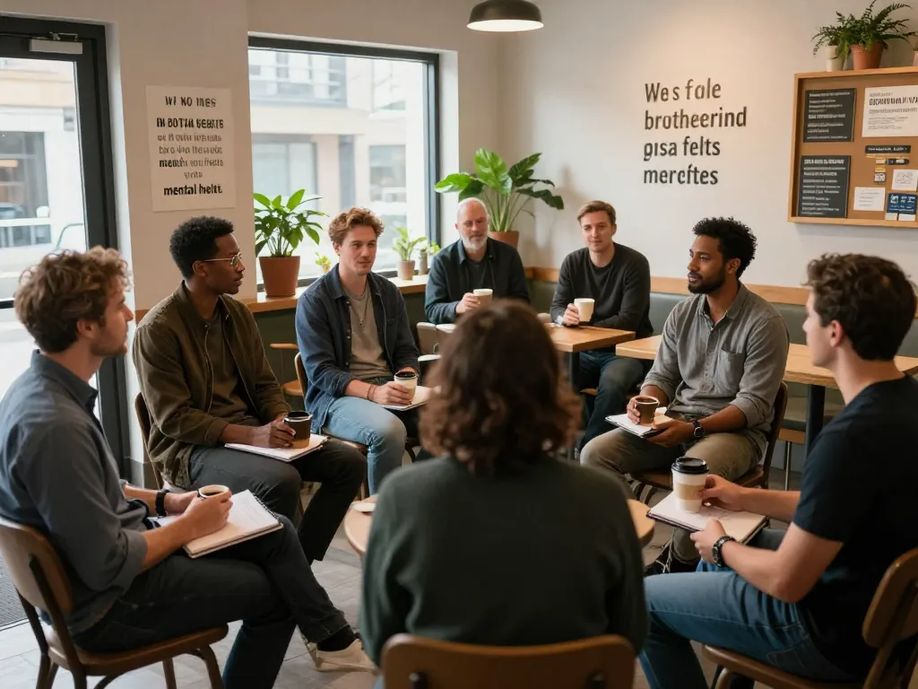 Men club gathering at a coffee shop discussing mental health, fostering connection and support.