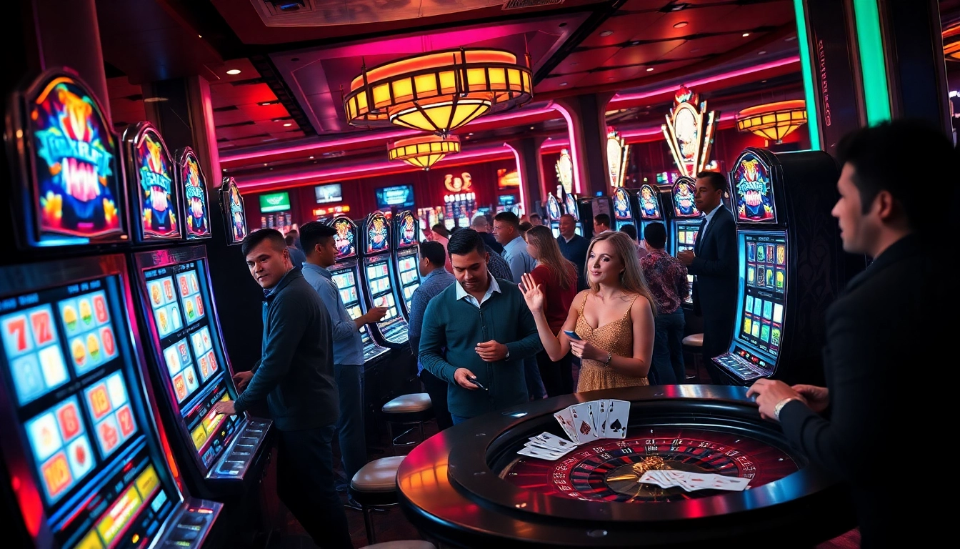 Engaging players at slot gacor machines in a vibrant casino atmosphere.