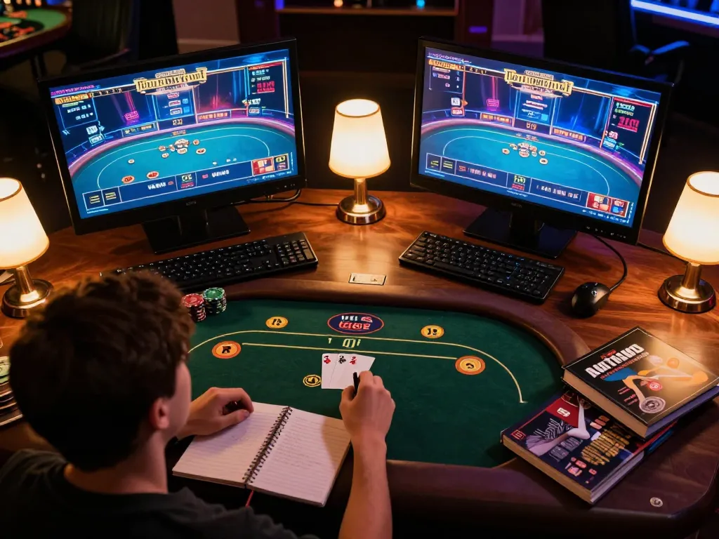 F168 player strategically analyzing poker strategies on multiple screens with engaging game visuals.
