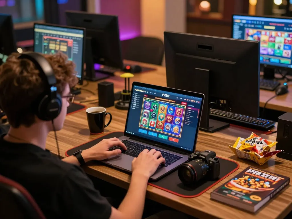 Engaging in online gaming on F168 trang chính thức with vibrant slot games displayed on the laptop