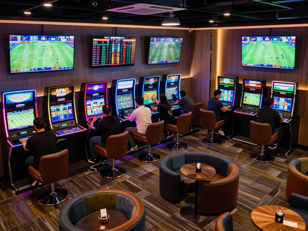 Sports betting enthusiasts analyzing odds for soi keo nha cai at a lively lounge with multiple screens.