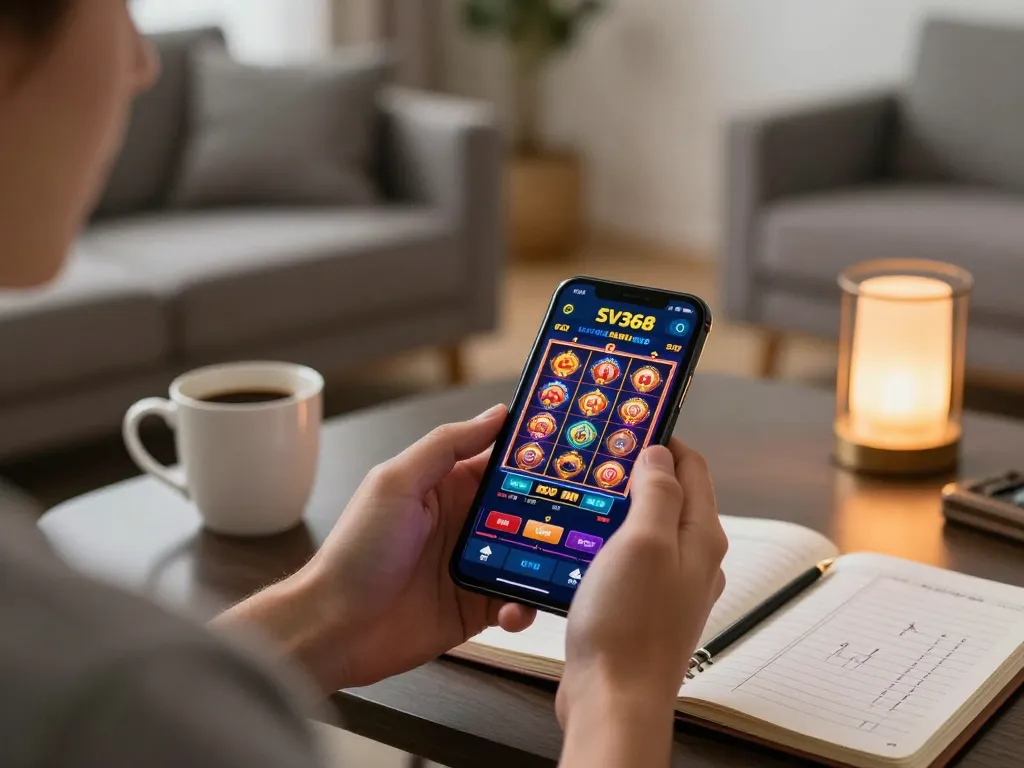 Player using SV368 mobile app for slot games in a stylish living room setting, showcasing relaxed online gambling.