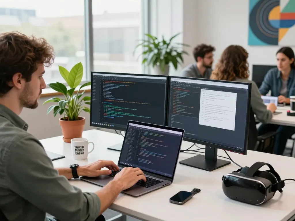 Software developer focused on coding in a modern workspace showcasing Go99 technology