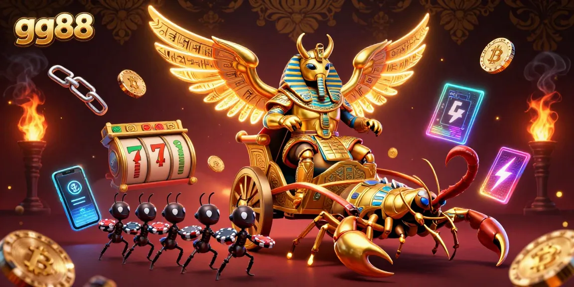 Engage in thrilling gameplay at gg88 with vibrant slot reels, a golden beetle, and shimmering coins.