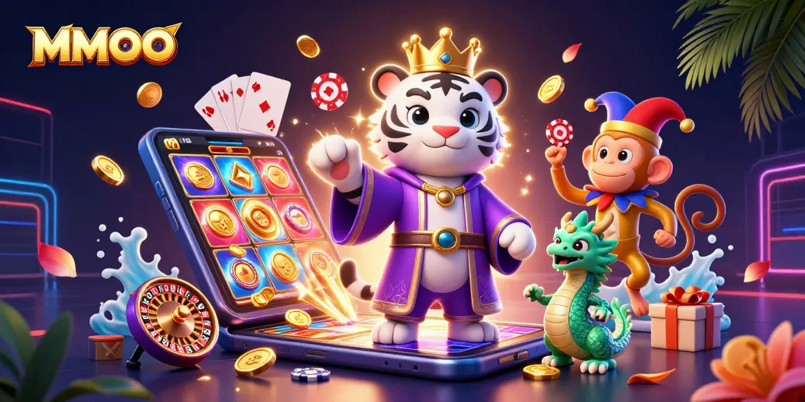 Engage with MMOO's vibrant casino scene featuring a playful monkey juggling poker chips amidst exciting gaming elements.