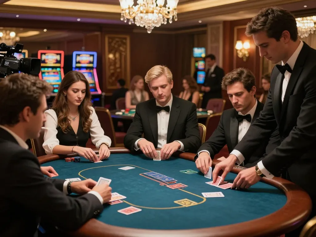 High-stakes poker action at nhà cái XO88's exclusive VIP table, showcasing players and dealer in a luxurious casino ambiance.