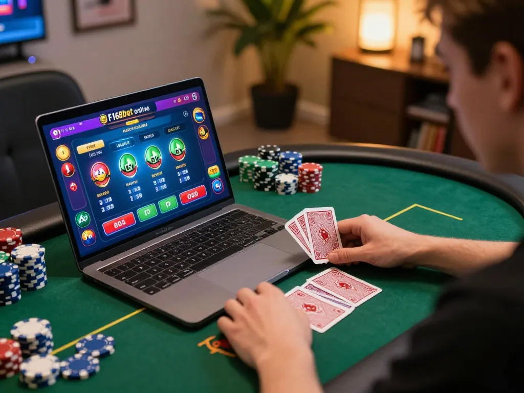 Person engaging with F168bet online casino on laptop, showcasing poker game interface and betting options