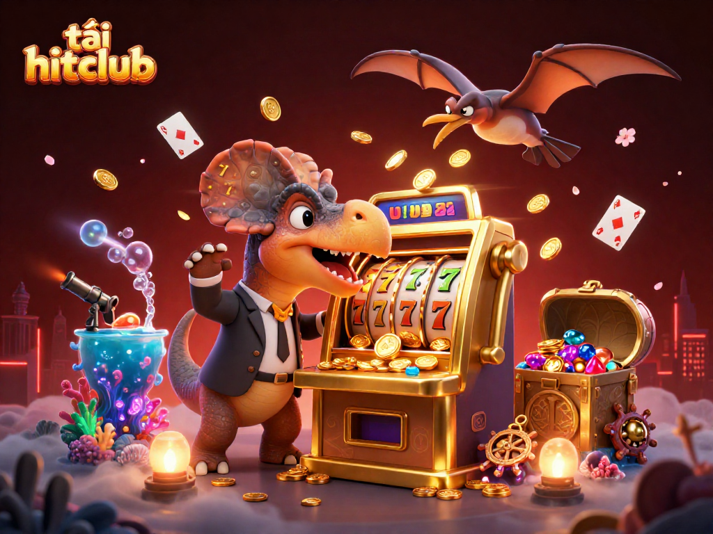 Experience thrilling slots with tải hitclub's cartoon illustration of a dinosaur jackpot scene.