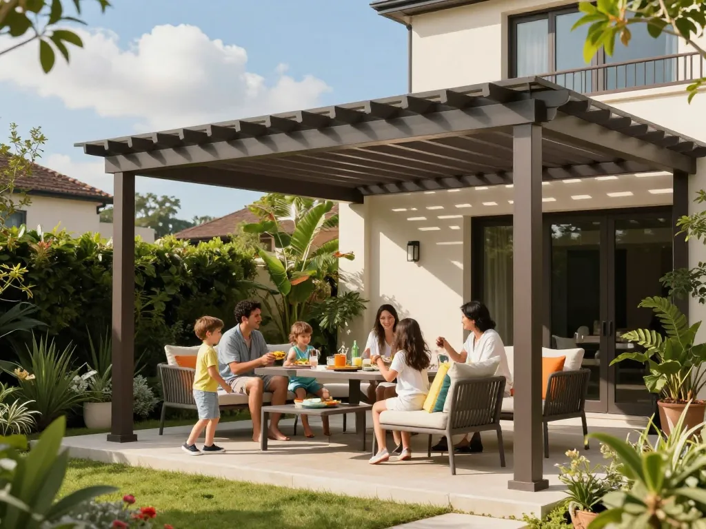 Configuratore pergole con preventivi automatici presentato in un tranquillo incontro familiare all'aperto sotto un'elegante pergola bioclimatica, evidenziando uno stile di vita pacifico.