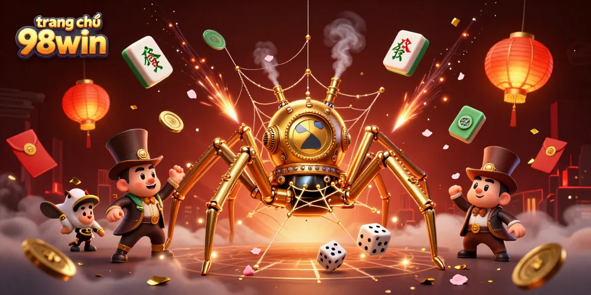 Engage with the vibrant world of trang chủ 98win, showcasing a cartoon spider and games like slots.