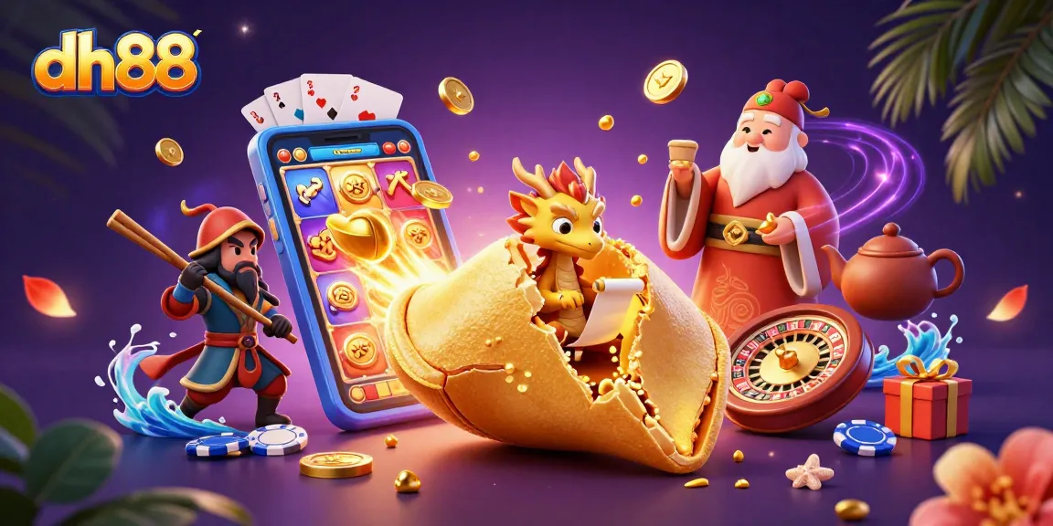 Engage with dh88's dynamic online casino adventure featuring a golden fortune cookie and gaming characters.