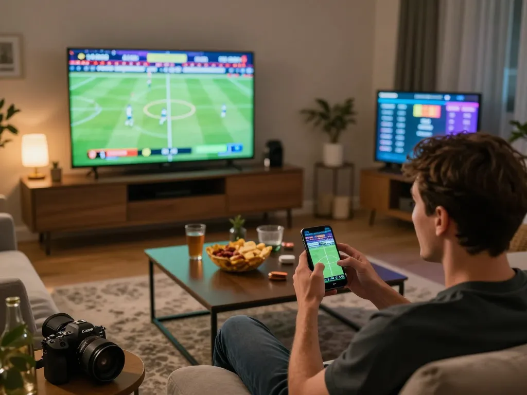 Socolive sports betting scene with excited user placing live bets while watching a football game.