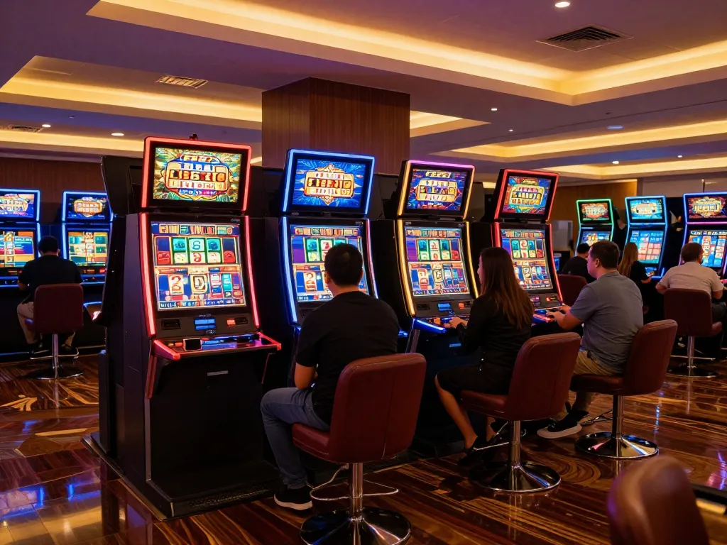 Players enjoying exciting slot games at F8BET, featuring colorful machines and warm lighting.