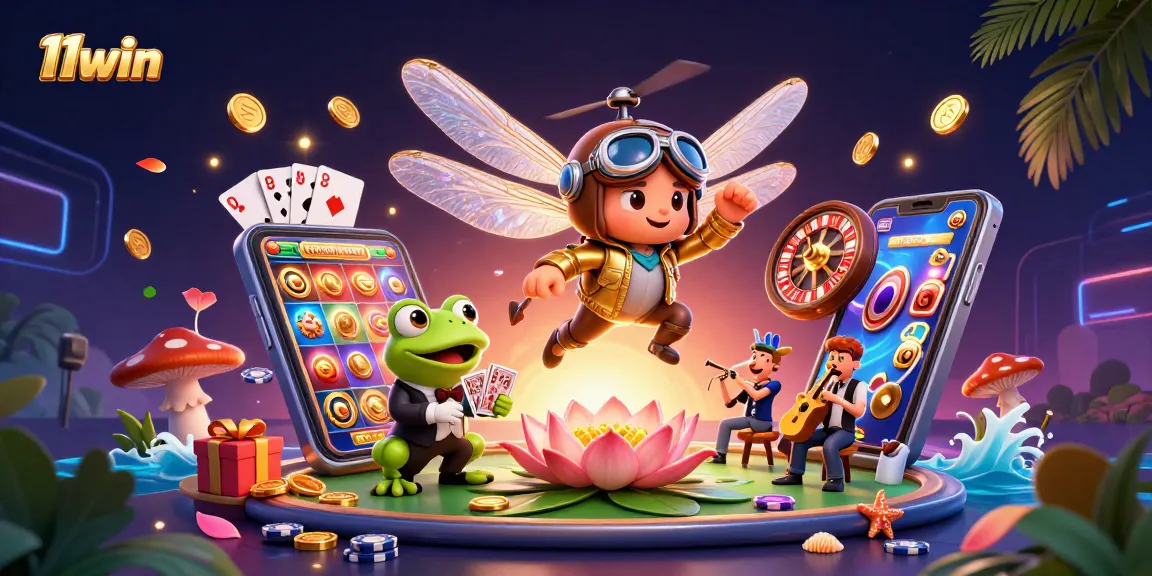 Experience the excitement of 11win with a vibrant casino scene featuring a dragonfly pilot and frog croupier.