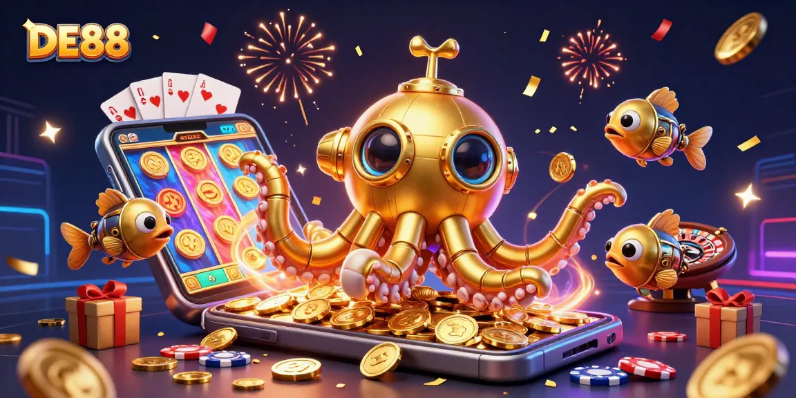Experience the excitement of DE88 with a vibrant casino scene showcasing dynamic slot games and gold!