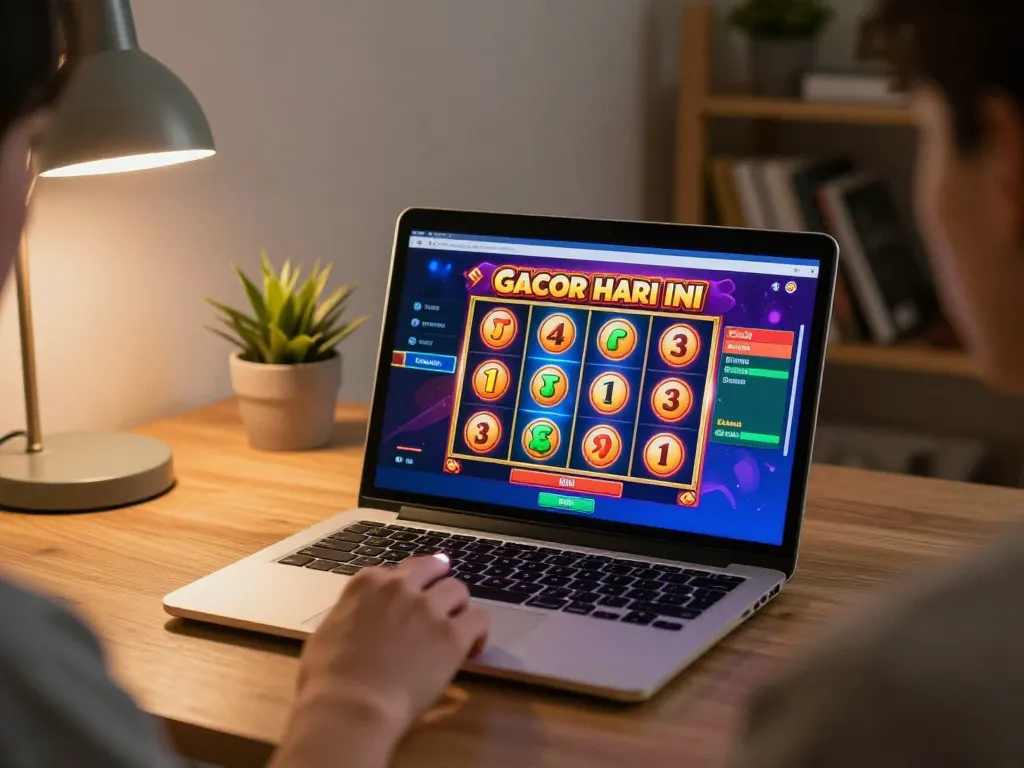 Pemain terlibat dengan permainan Slot Gacor Hari Ini di laptop, menyoroti strategi perjudian online
