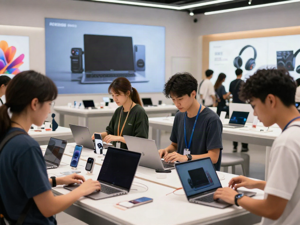 Customers engaging with https://rokok88login.com app for shopping electronics in a modern retail environment.