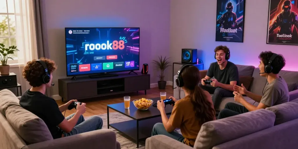 Friends enjoying gaming together while engaging with the rokok88 link platform in a cozy living room.