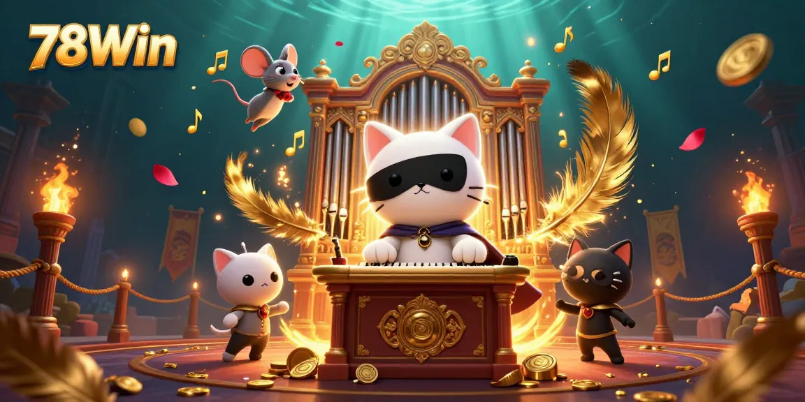 78Win casino illustration featuring a masked cat playing organ with acrobatic mouse in vibrant atmosphere.