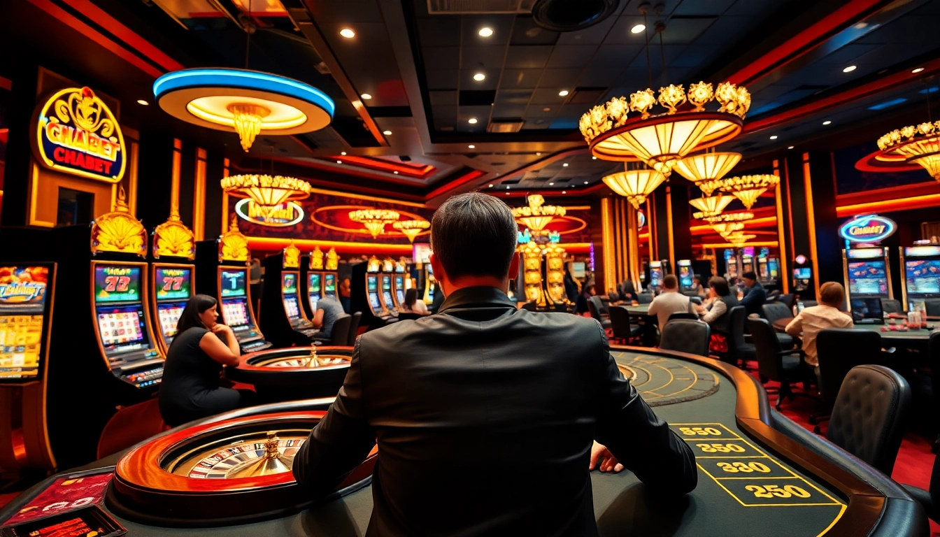 THABET casino scene featuring poker players and stylish slot machines in a vibrant, warm atmosphere.