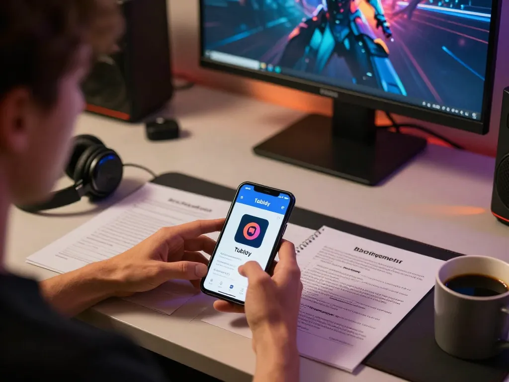 Tubidy music app displayed on smartphone while managing bankroll in a cozy gaming environment