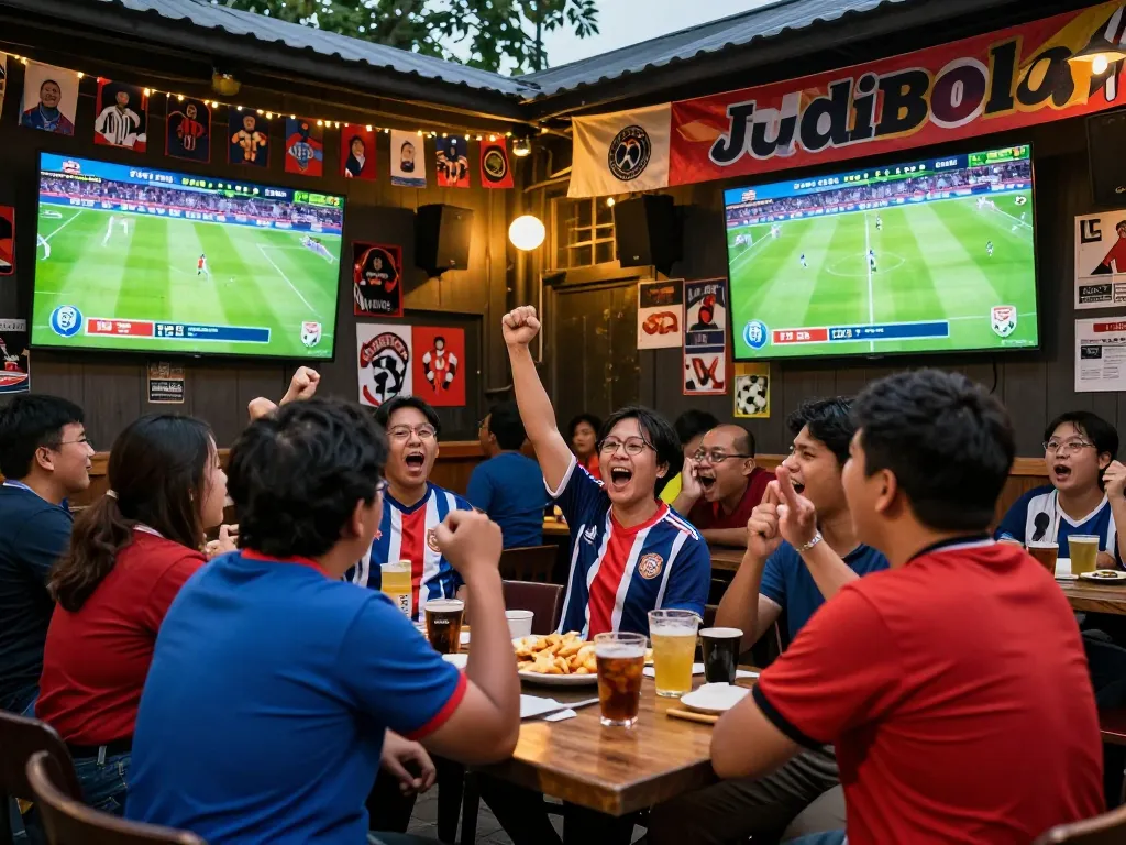 Fans enjoying Judi Bola betting at a sports bar during a football match.