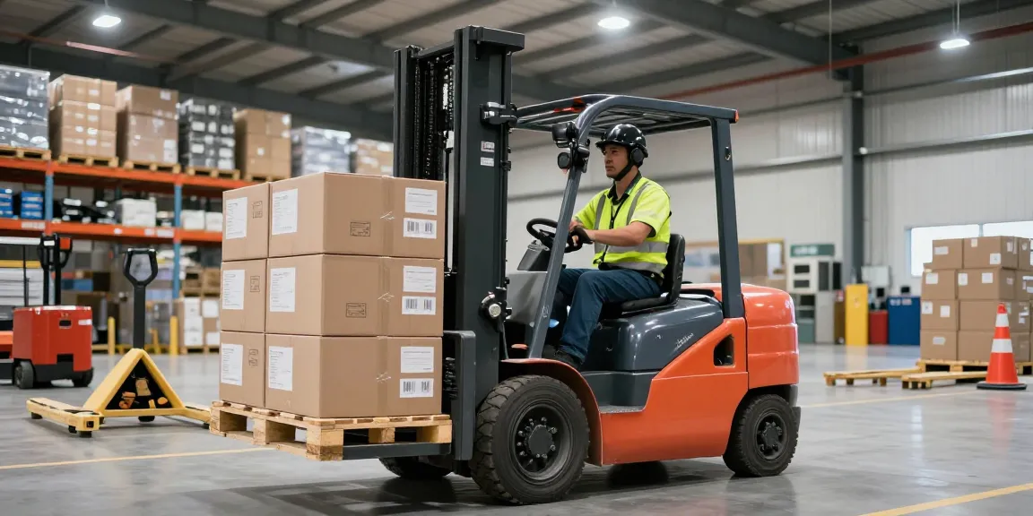Dynamic warehouse environment showcasing an electric forklift for sale lifting heavy pallets safely.