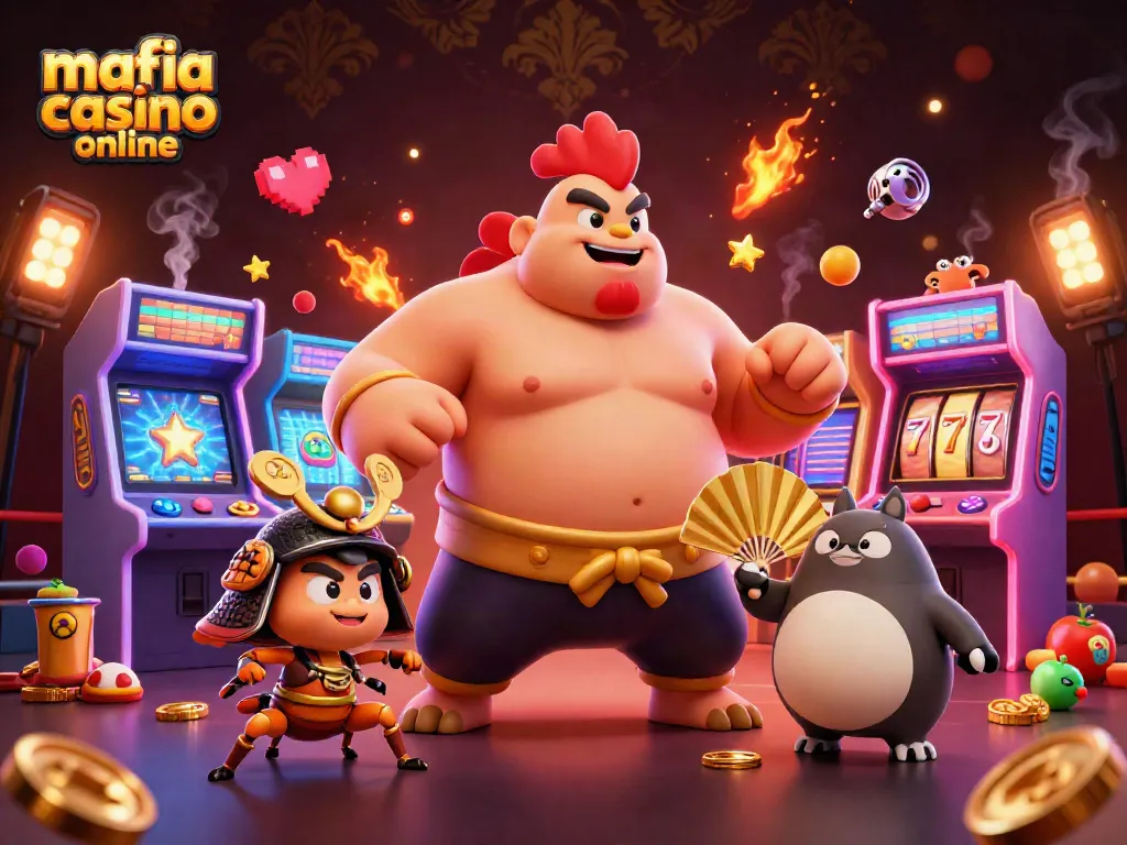 Mafia casino online illustration with a powerful rooster, fierce samurai cricket, and tanuki announcer in a vibrant casino atmosphere.