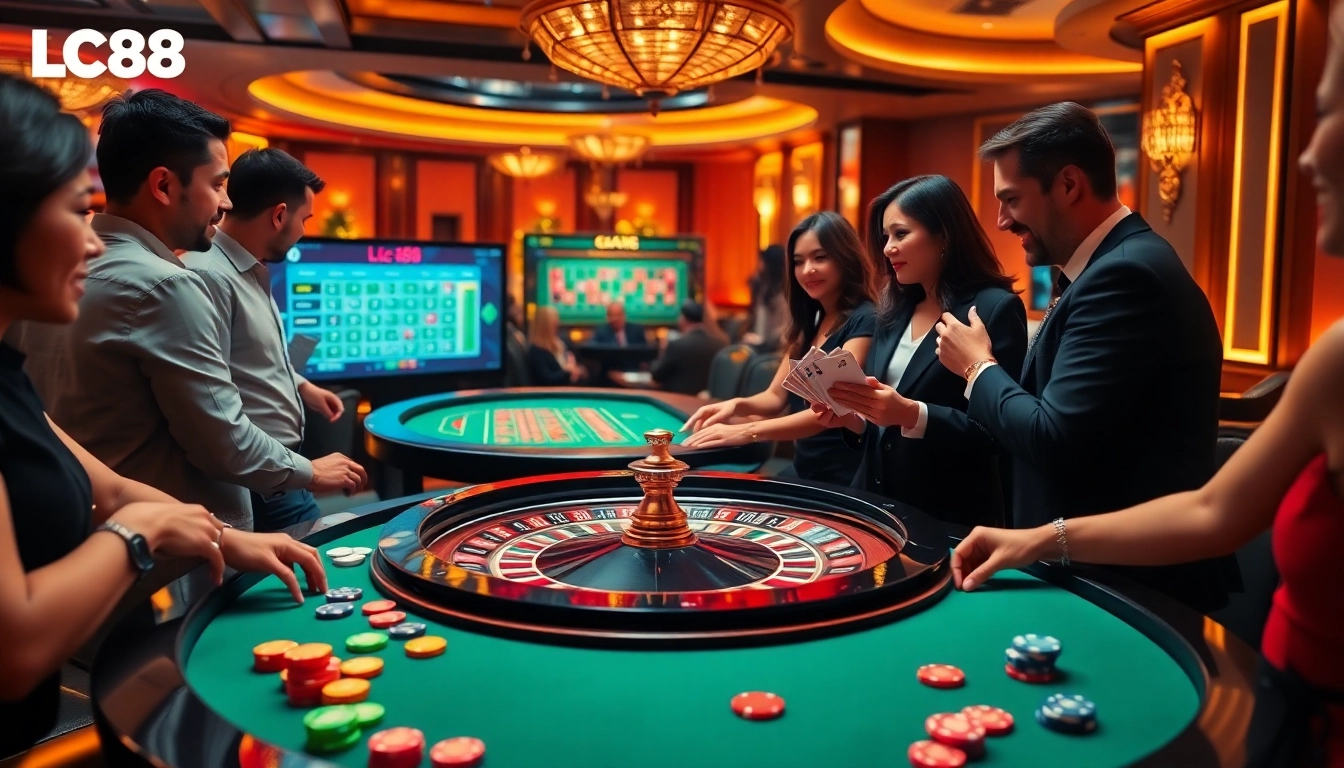 Experience thrilling moments at lc88 casino with colorful poker chips and engaged players at the table.
