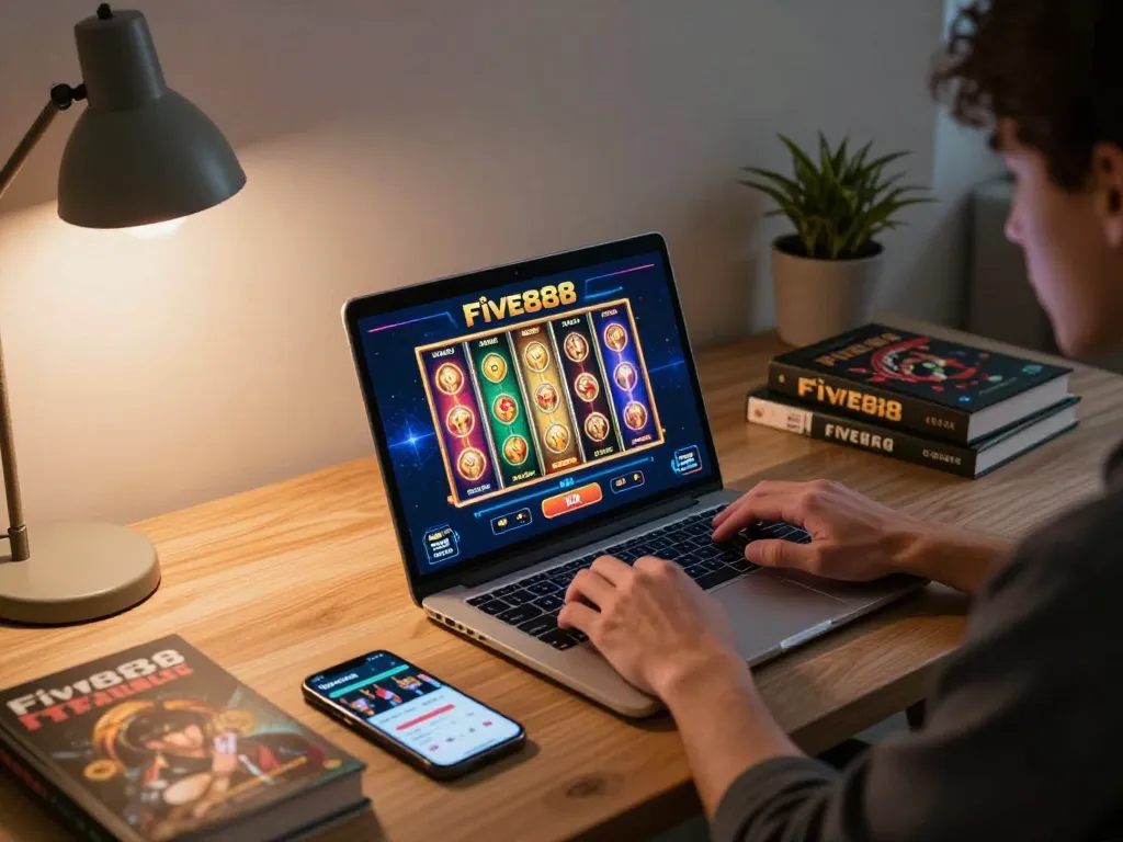 Engaging in five88 casino games on a laptop in a cozy home office.