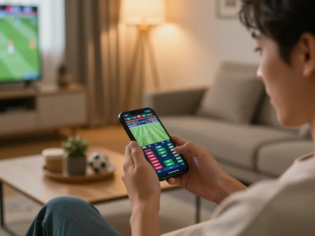 Person engaging in SV 368 sports betting with smartphone displaying live odds in cozy setting