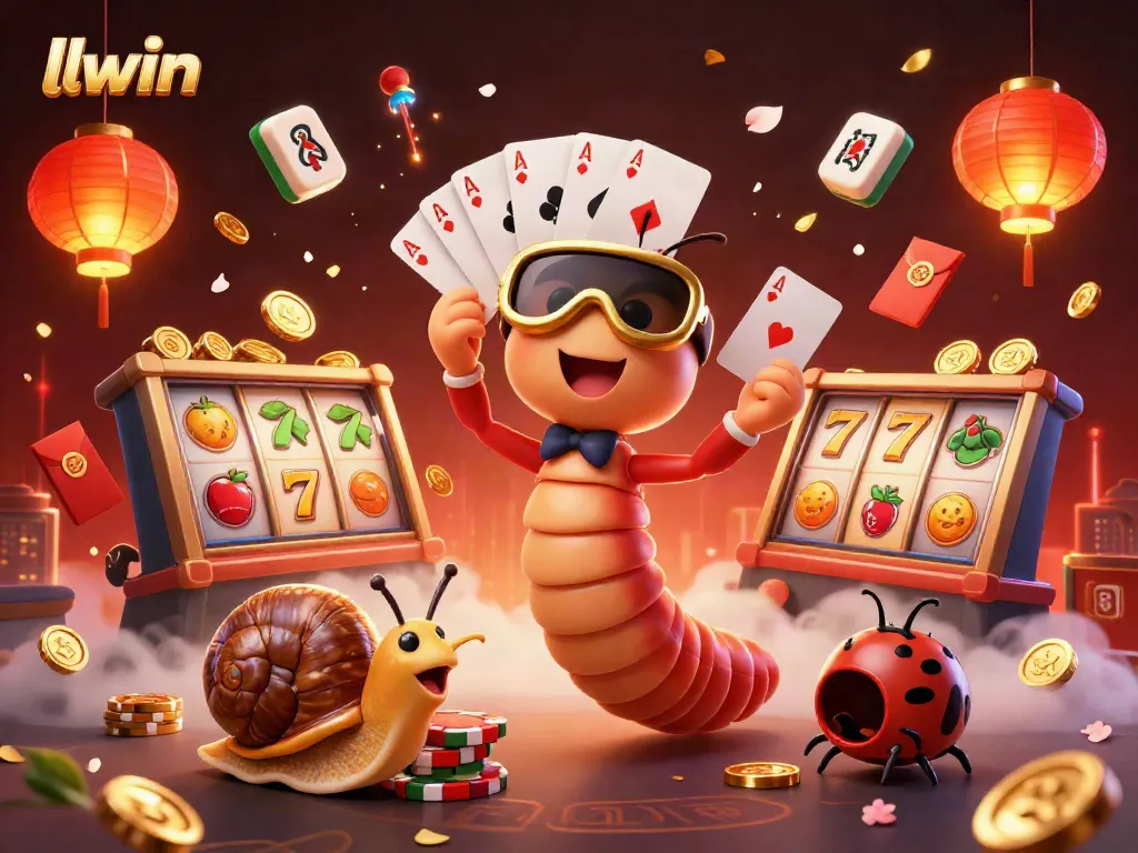 Experience the thrill at llwin with a vibrant casino scene featuring colorful slot reels and charming characters.