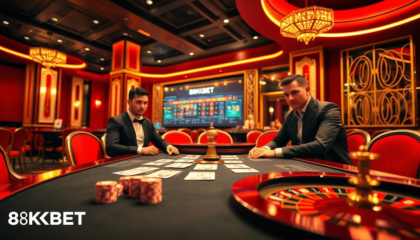Play poker at 8KBET's luxurious tables with vibrant chips and a roulette wheel