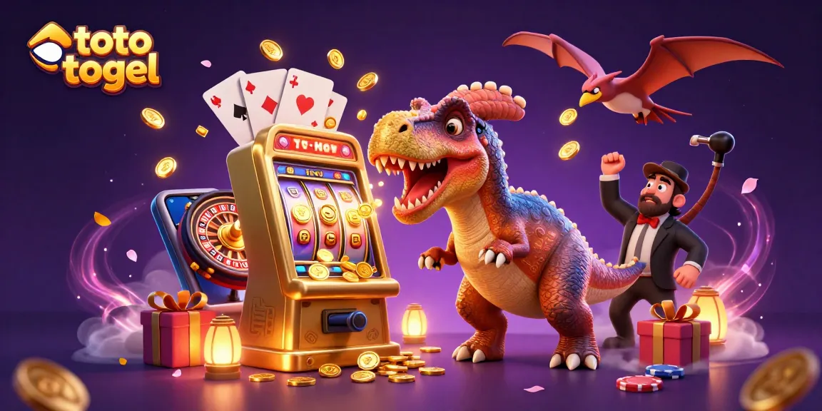 Experience the thrill of toto togel with a cartoon dinosaur winning at the slot machine.