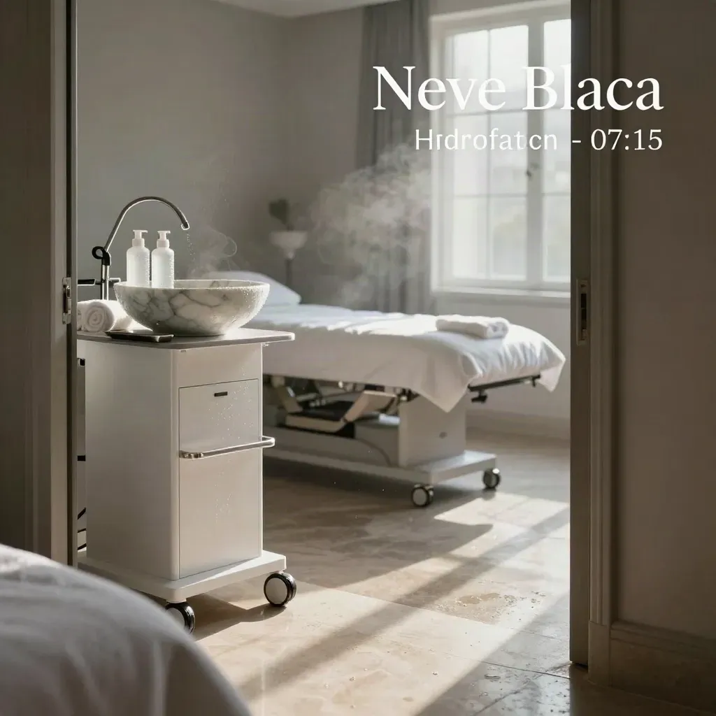 Studio spa Neve Blanca con console hydrafacial bianca, lavabo in marmo e luce del mattino
