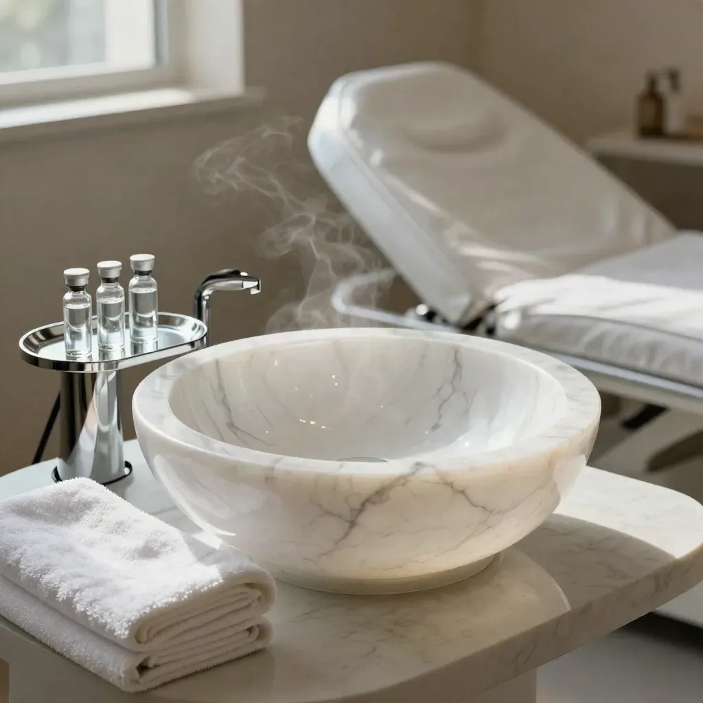 Sala hydrafacial luminosa con lavabo in marmo, sieri, asciugamani freschi e letto pronto
