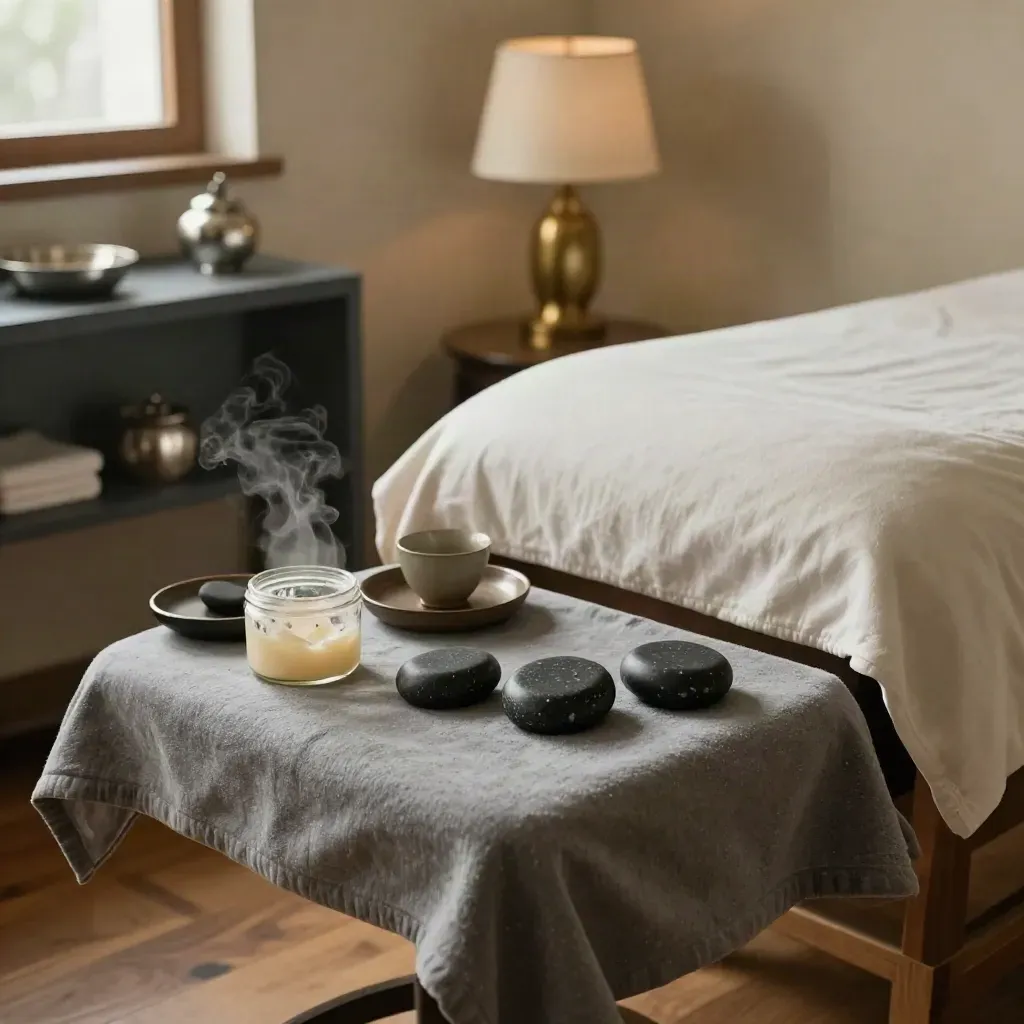 Sala massaggi calda con pietre, asciugamani morbidi, tisana e scrub dopo il trattamento.
