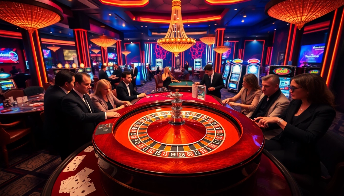 Players thrillingly bet at a luxurious roulette table in a vibrant casino, showcasing go8 excitement.
